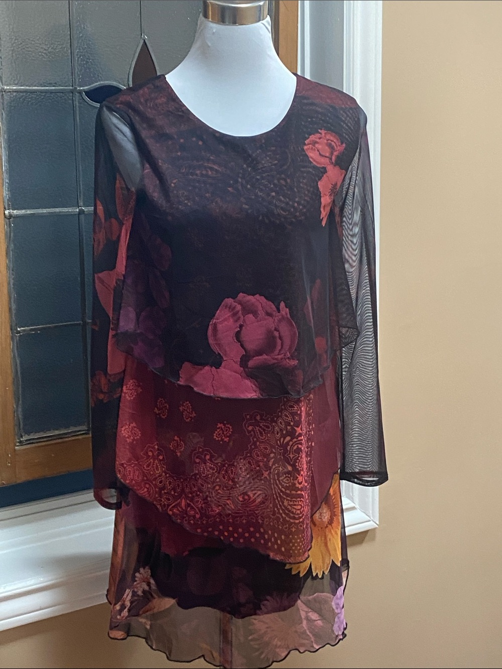 Desigual Black Print dress with 3 tiers and sheer arms